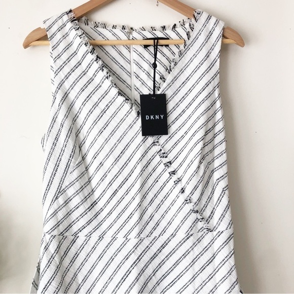 DKNY Asymmetrical Striped Dress w/ Pockets Clean Girl Coastal Minimalist Sz 10 - Picture 4 of 14